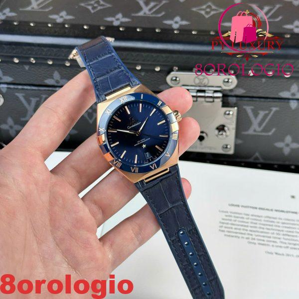 Omega Constellation Oro Rosa Quadrante Blu Lunetta in Ceramica Blu Cinturino in Pelle Replica VSF 41mm Orologio - immagine 5