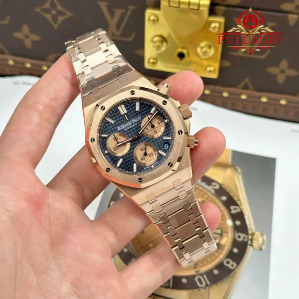Audemars Piguet Royal Oak Chronograph 26239OR Oro Rosa Quadrante Blu 1:1 Super Replica APSF 41mm Orologio - immagine 7