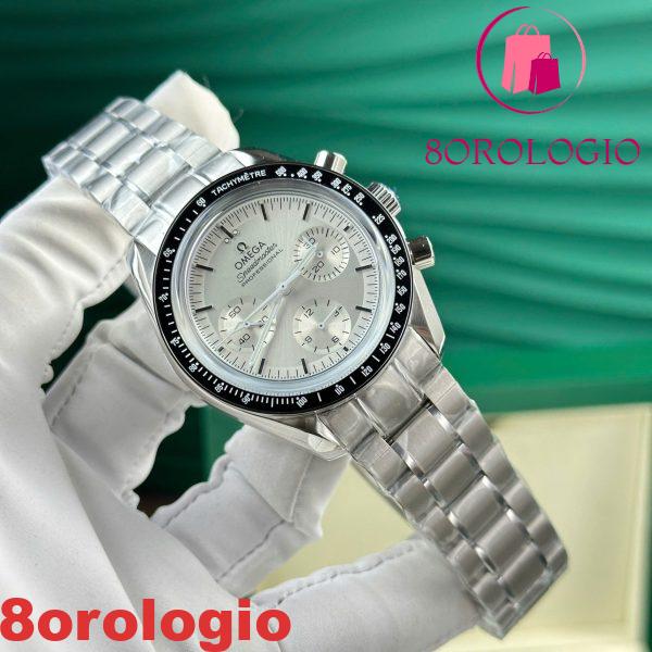 Omega Speedmaster Moonwatch Chronograph Quadrante Argento Lunetta Nera Replica 42mm Orologio - immagine 3