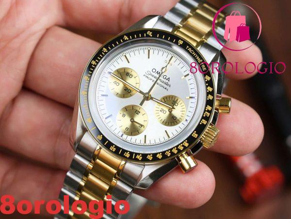 Omega Speedmaster Moonwatch Chronograph Bicolore Oro Giallo Quadrante Bianco Swiss Replica 42mm Orologio - immagine 4