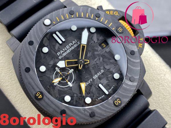 Panerai Submersible GMT Carbotech Navy Seals PAM 1324 Cinturino in Gomma Nero Carbonio Migliore Replica VSF 44mm Orologio - immagine 3