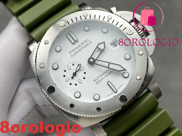 Panerai Submersible Quarantaquattro Bianco Quadrante Bianco Cinturino in Gomma Verde 1:1 Miglior Replica VSF 44mm Orologio - immagine 4