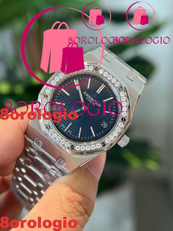 Audemars Piguet Royal Oak Jumbo 16202ST Quadrante Blu Custom Ghiera Moissanite Migliore Replica ZF 39mm Orologio - immagine 4