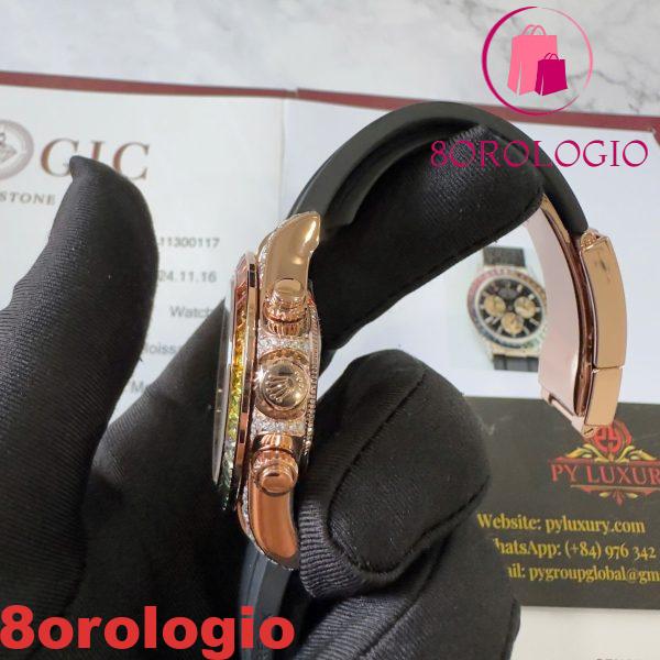 Rolex Daytona Rainbow 18K Oro Rosa Replica Custom Moissanite & Zaffiro Sintetico Cinturino in Gomma Super Clone 40mm Orologio - immagine 4