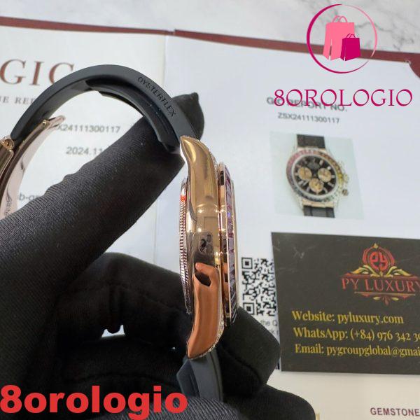 Rolex Daytona Rainbow 18K Oro Rosa Replica Custom Moissanite & Zaffiro Sintetico Cinturino in Gomma Super Clone 40mm Orologio - immagine 5