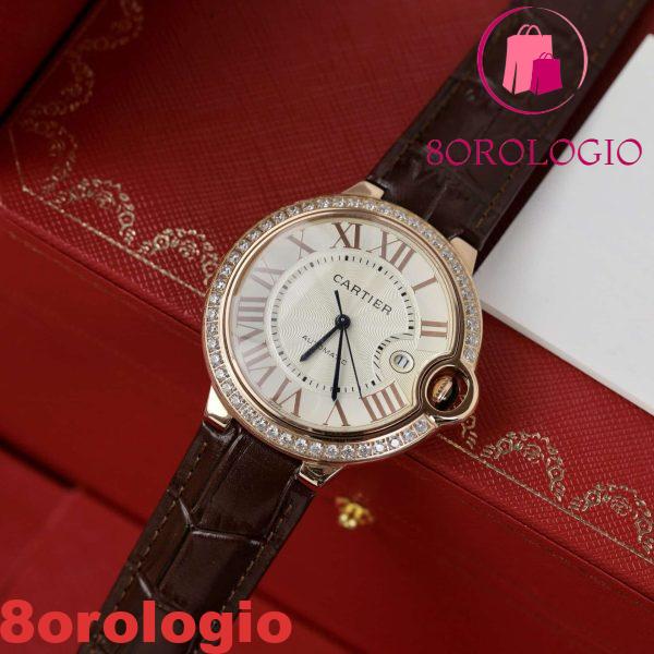 Cartier Ballon Bleu Oro Rosa Quadrante Bianco Ghiera di Diamanti Pelle Replica 42mm Orologio - immagine 6