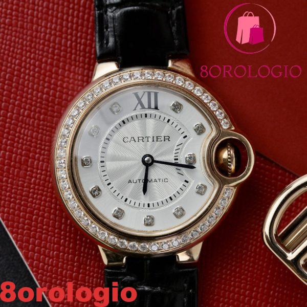 Cartier Ballon Bleu Oro Rosa Quadrante Bianco con Diamanti Ghiera con Diamanti Pelle Replica 36mm Orologio - immagine 4