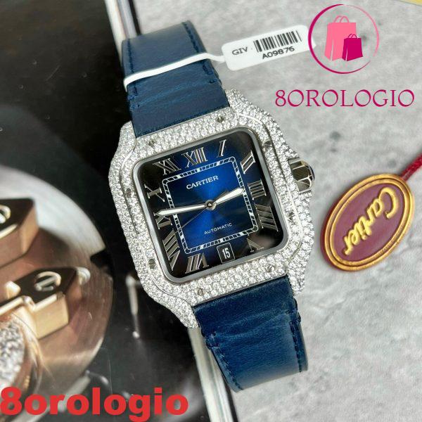 Cartier Santos Modello Grande Quadrante Blu Cassa Replica Moissanite Cinturino in Pelle 39.8mm Orologio - immagine 6