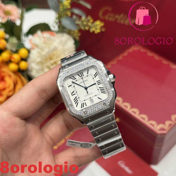Cartier Santos Modello Grande Quadrante Bianco Customizzato con Ghiera in Moissanite Migliore Replica BVF 39.8mm Orologio - immagine 5
