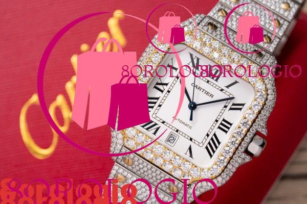 Cartier Santos Quadrante Bianco Bicolore Modello Grande replica con Moissanite Iced Out 39,8mm Orologio - immagine 4