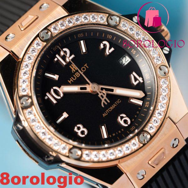 Replica Hublot Big Bang One Click King Gold Cassa 39mm Quadrante Nero Lunetta con Pietre CZ Orologio - immagine 7