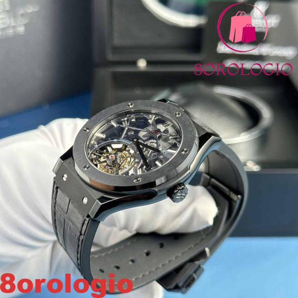 Replica Hublot Big Bang Scheletro Tourbillon Ceramica Nera Pelle 45mm  Orologio - immagine 4
