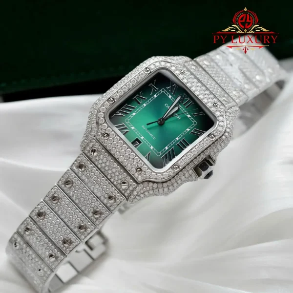 Cartier Santos Modello Grande Quadrante Verde Romano Iced Out Moissanite Migliore Replica 39.8mm Orologio - immagine 6