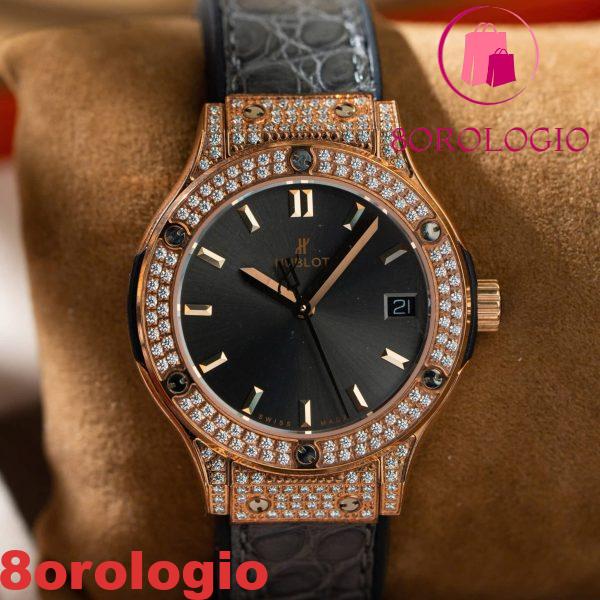 Replica Orologio da Donna Hublot Classic Fusion King Gold Pavé Pietre CZ Quadrante Grigio Cinturino in Pelle 33mm Orologio - immagine 6