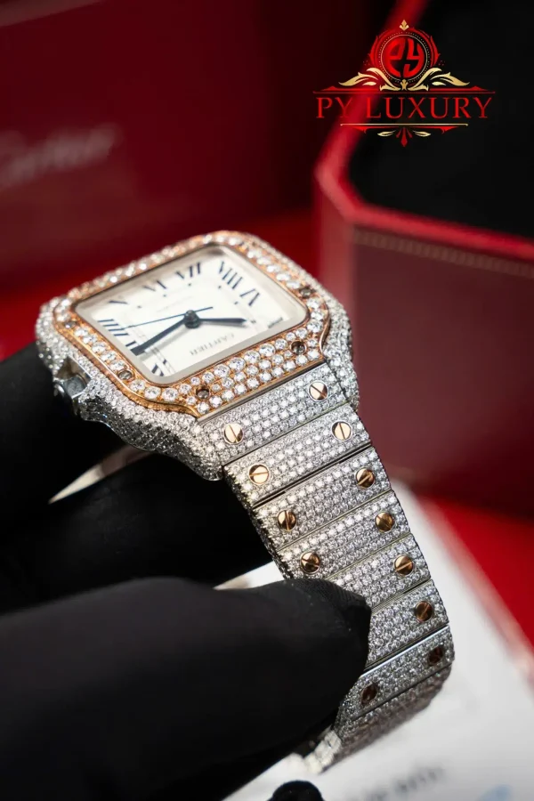 Cartier Santos Modello Medio Due Toni Oro Rosa Iced Out Moissanite 1:1 Migliore Replica 35.1mm Orologio - immagine 4
