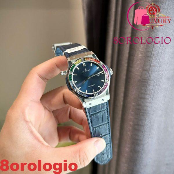 Hublot Classic Fusion Titanium Blue Cinturino in Pelle con Ghiera Personalizzata in Rubino e Zaffiro Migliore Replica 42mm Orologio - immagine 4