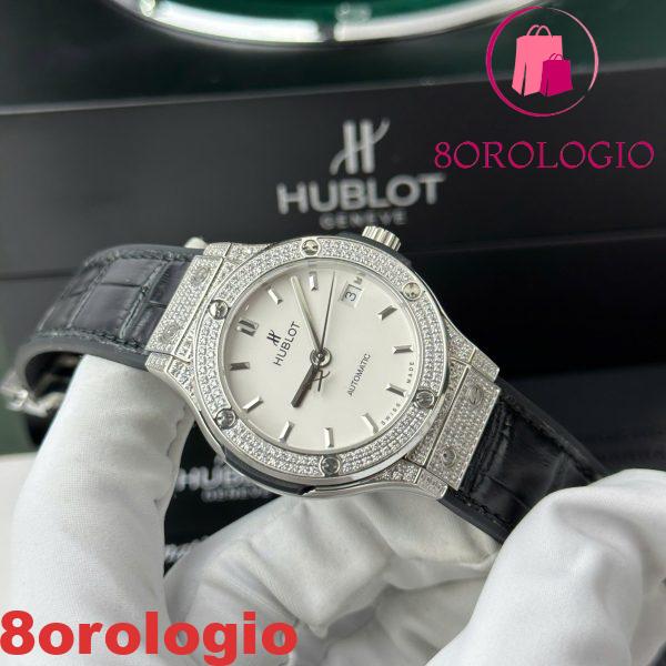 Replica Hublot Classic Fusion Titanium Diamanti Pavé Quadrante Bianco Cinturino in Pelle Nera 38mm Orologio - immagine 4