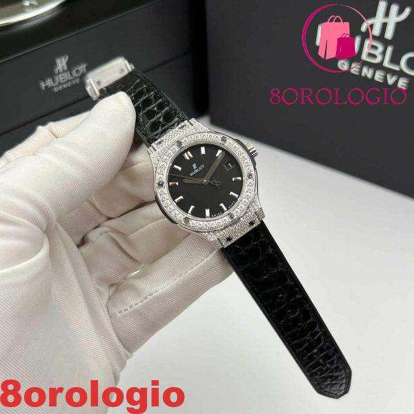 Hublot Classic Fusion Titanium Pavé Quadrante Nero Custom Moissanite Cinturino in Pelle Migliore Replica 33mm Orologio - immagine 4