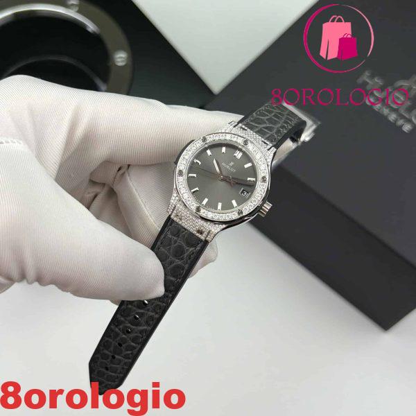 Hublot Classic Fusion Titanium Pavé Quadrante Grigio Moissanite Custom Pelle Migliore Replica 33mm Orologio - immagine 5