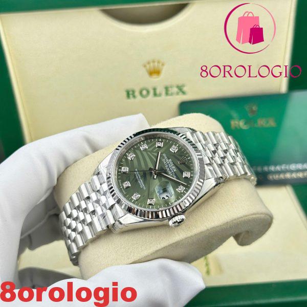 Replica Rolex Datejust 126234-0055 Quadrante Motivo Foglie di Palma Verde Oliva con Diamanti Jubilee VSF 36mm Orologio - immagine 4