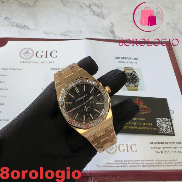 Replica Audemars Piguet Royal Oak 15400OR Quadrante Nero Personalizzato Baguette Moissanite Lunetta Placcato Oro 18K 1:1 Migliore Replica 41mm Orologio - immagine 10