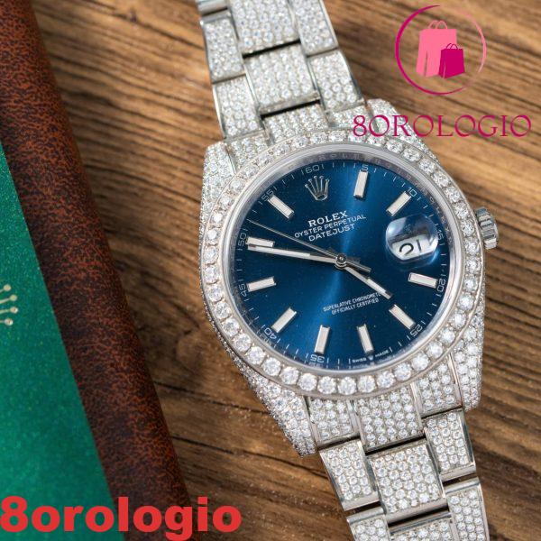 Replica migliore Rolex Datejust 41mm quadrante blu luminoso ghiacciato con moissanite Orologio - immagine 7