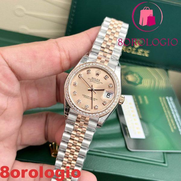 Replica Rolex Datejust 31mm Quadrante Rosa Lunetta con Pietre Cinturino Jubilee Orologio - immagine 4