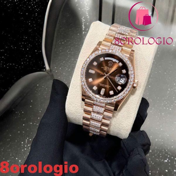 Rolex Day-Date 128345RBR Quadrante Marrone Ombré con Diamanti Oro 18K Avvolto Moissanite Personalizzato Replica 1:1 36mm Orologio - immagine 4