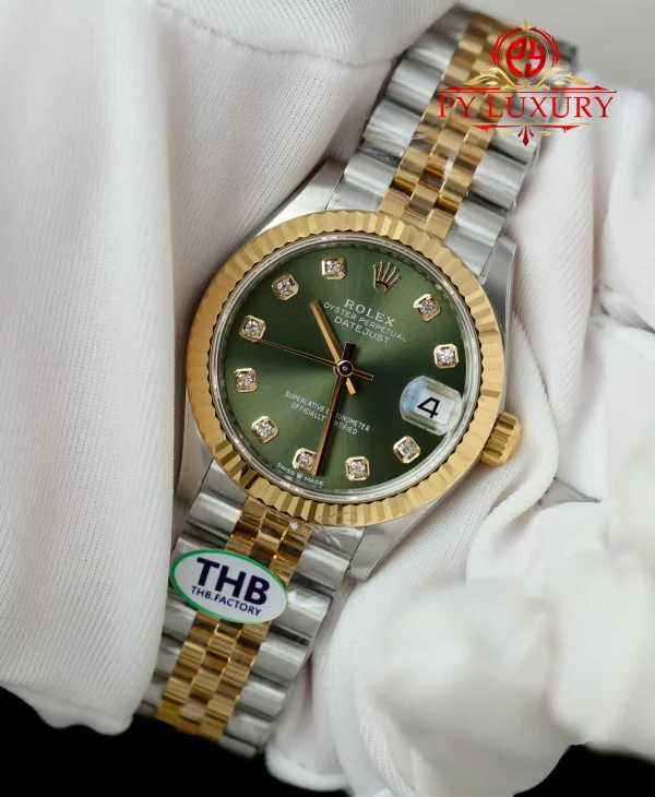 Rolex Datejust 278273 Due Toni Oro Giallo Quadrante Verde Oliva con Diamanti Bracciale Jubilee Miglior Replica THB 31mm Orologio - immagine 5