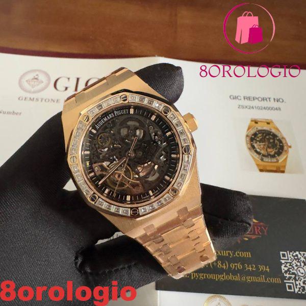 Audemars Piguet Royal Oak 15412OR Open Work Skeleton 18K Rose Gold con Baguette Moissanite Bezel Clone 1:1 Miglior Replica 41mm Orologio - immagine 7