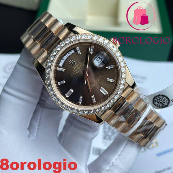 Rolex Day-Date 228345RBR Quadrante Cioccolato Baguette Oro 18K Placcato Replica Lunetta Moissanite 174g GMF V3 40mm Orologio - immagine 4
