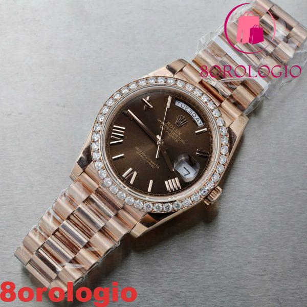 Rolex Day-Date 228345RBR-0009 Quadrante con Numeri Romani in Cioccolato Placcato in Oro 18k Replica GMF V3 40mm con Ghiera in Moissanite Orologio - immagine 5