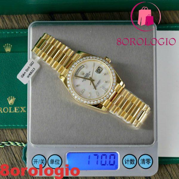 Rolex Day-Date 228348RBR-0046 Quadrante con Indici a Baguette in Moissanite MOP Oro Giallo 18K Replica 1:1 Lunetta in Moissanite GMF V3 40mm。 Orologio - immagine 7