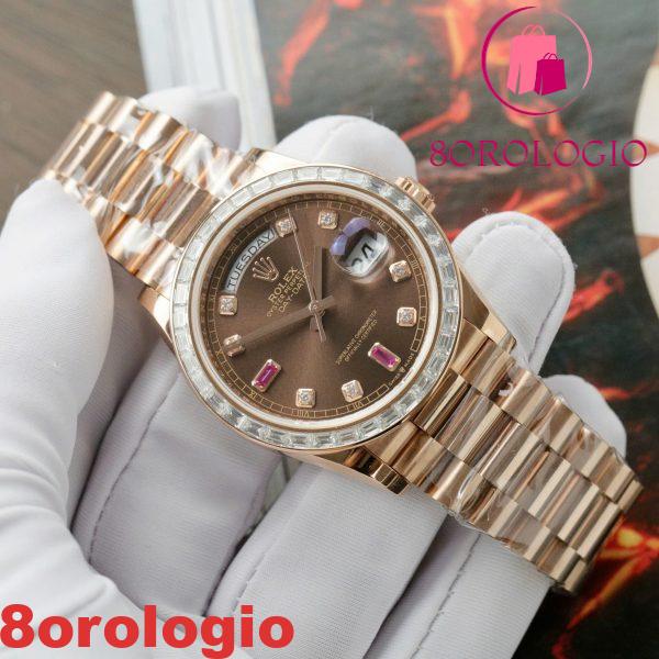 Replica Migliore Rolex Day-Date 36 Quadrante Cioccolato Diamanti e Rubini Oro Rosa 18K Incastonato con Moissanite a Baguette 36mm Orologio - immagine 7
