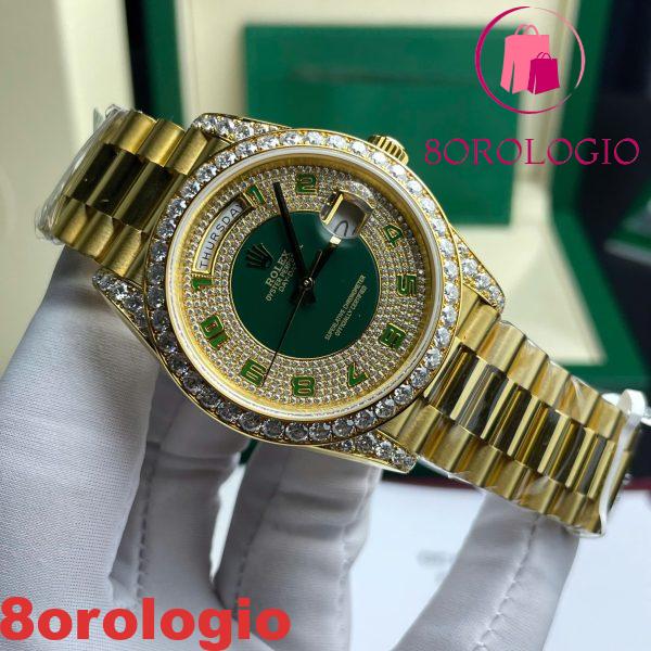 Replica del Rolex Day-Date 40 Quadrante Verde Tempestato di Diamanti Arabi Placcato Oro 18K Quadrante Personalizzato in Moissanite & Dial Miglior Replica 40mm Orologio - immagine 5