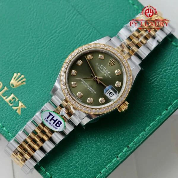 Replica migliore Rolex Datejust 278383RBR due toni oro giallo quadrante verde oliva lunetta con diamanti bracciale Jubilee THB 31mm Orologio - immagine 6