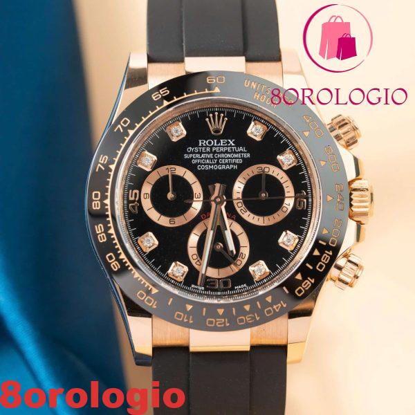 Rolex Daytona 116515LN in oro rosa massiccio 18K con quadrante nero con diamanti cinturino in gomma Oysterflex 40mm replica Orologio - immagine 9