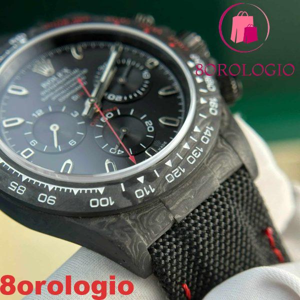 Replica Rolex Daytona DiW Carbon Quadrante Nero Cinturino con Cuciture Rosse Migliore Edizione Noob Factory 40mm Orologio - immagine 4