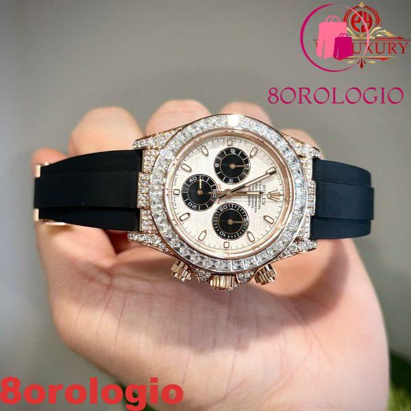 Rolex Daytona Quadrante Meteorite Placcato Oro 18K Custom Baguette Moissanite Cinturino in Gomma 40mm Replica Orologio - immagine 5