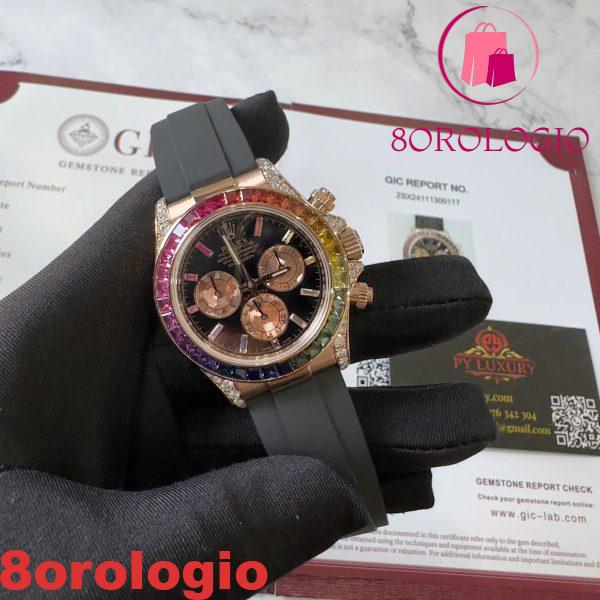 Rolex Daytona Rainbow 18K Oro Rosa Replica Custom Moissanite & Zaffiro Sintetico Cinturino in Gomma Super Clone 40mm Orologio - immagine 11