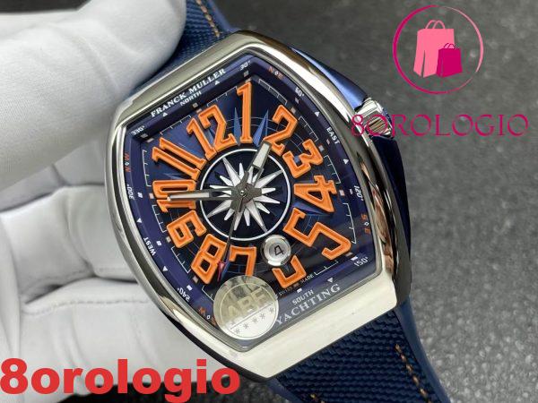 Franck Muller Vanguard Yachting V45 Quadrante Blu Numeri Arabi Arancioni Cinturino in Gomma 1:1 Migliore Replica ABF 45mm Orologio - immagine 5