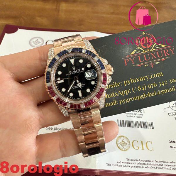 Rolex GMT-Master II 126755SARU Replica in Oro 18K con Moissanite Personalizzato e Ghiera in Rubino Sintetico e Zaffiro 40mm Orologio - immagine 8