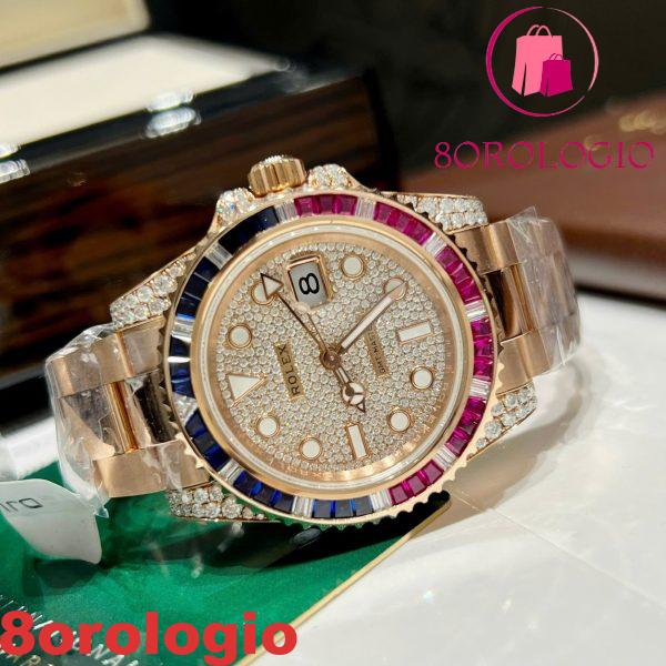 Rolex GMT-Master II 126755SARU Placcato in Oro 18K Quadrante Pavé in Moissanite Lunetta in Rubini e Zaffiri 40mm Replica Orologio - immagine 4