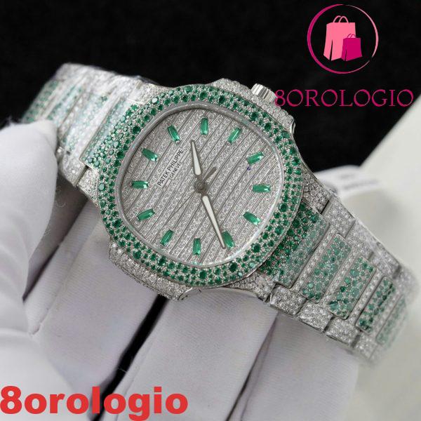 Patek Philippe Ladies Natilus 7118/1453G-001 Iced Out Moissanite Green Migliore Replica 35.2mm Orologio - immagine 4