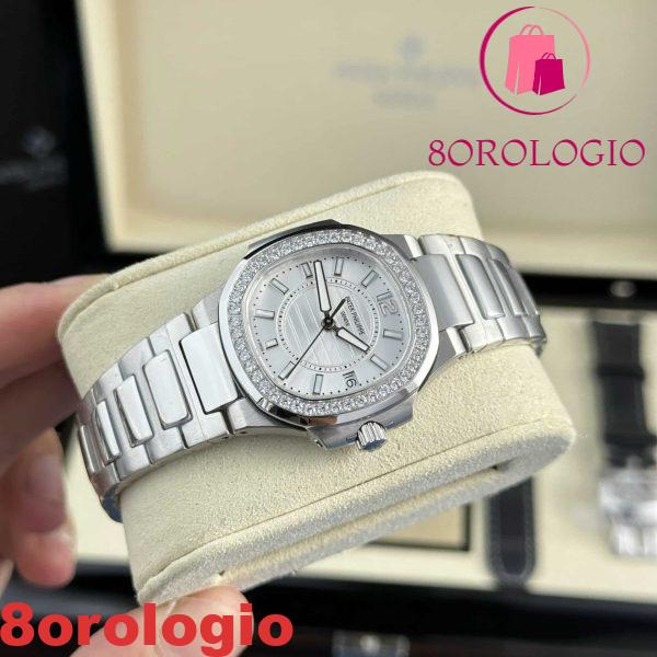 Patek Philippe Nautilus 7010/1G-001 Quadrante Argento Ghiera con Diamanti Orologio Donna al Quarzo Migliore Replica 32mm Orologio - immagine 4
