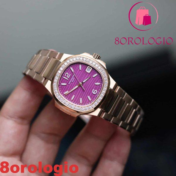 Patek Philippe Nautilus 7010/1R Oro Rosa Quadrante Viola Ghiera con Diamanti Replica GRF 32mm Orologio - immagine 4