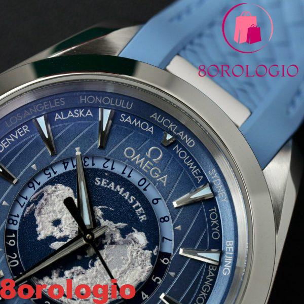 Omega Aqua Terra GMT Worldtimer Summer Blue Cinturino in Gomma Replica Migliore VSF 43mm Orologio - immagine 4