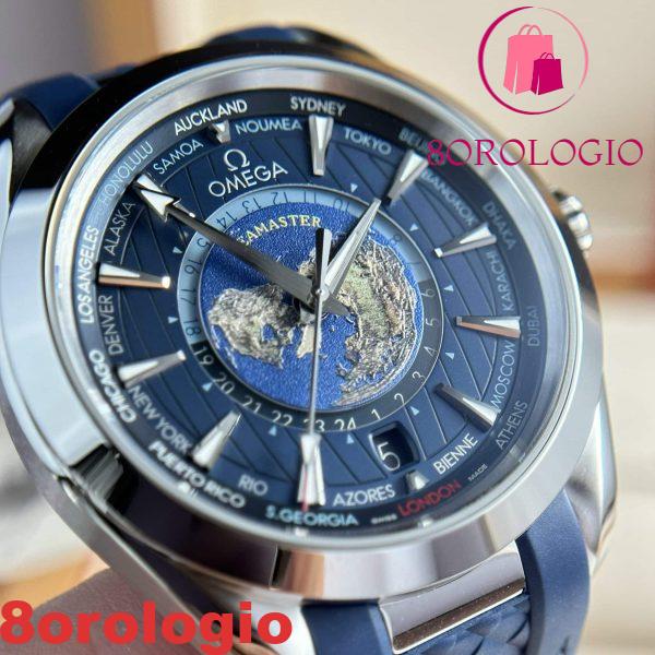 Omega Aqua Terra Worldtimer GMT Quadrante Blu Cinturino in Gomma Migliore Replica 43mm Orologio - immagine 7