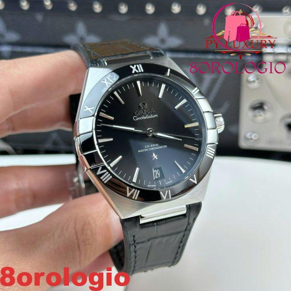 Omega Constellation Quadrante Nero Lunetta in Ceramica Nera Cinturino in Pelle Replica Migliore VSF 41mm Orologio - immagine 6