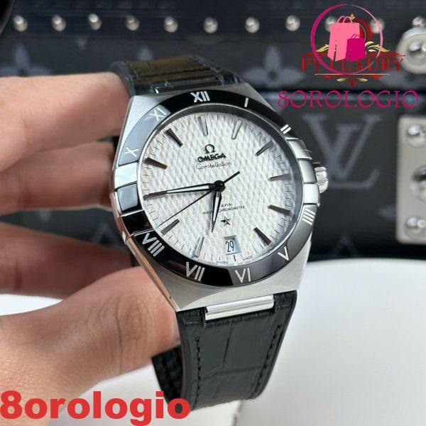 Omega Constellation Quadrante Grigio Rodio Lunetta in Ceramica Nera Cinturino in Pelle Replica VSF 41mm Orologio - immagine 6